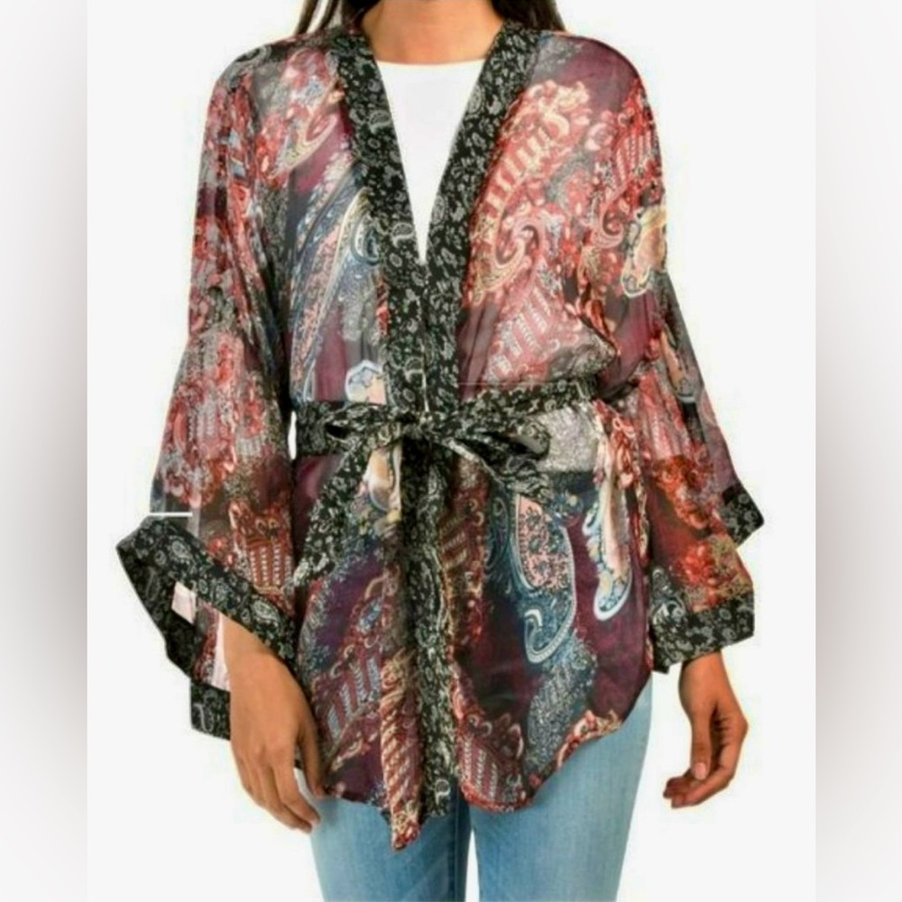 Steve Madden semi-sheer kimono jacket top with self-fabric tie